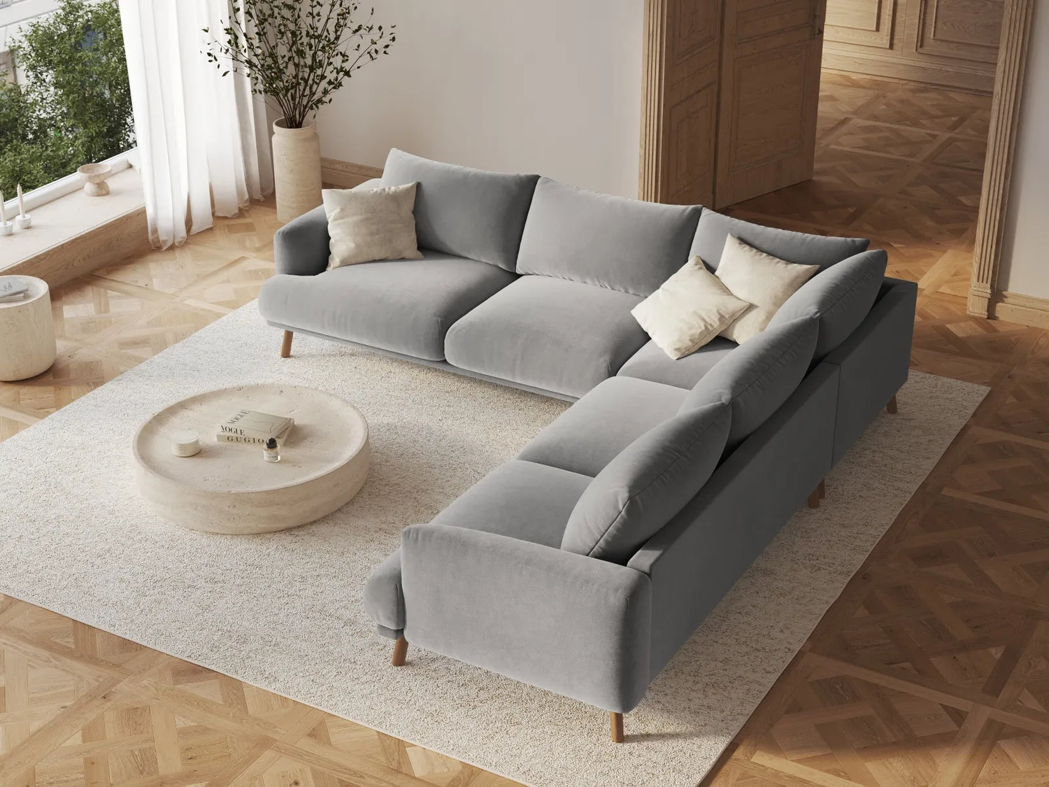 Naomi 5-Sitzer Ecksofa, Symmetrisch, aus Samt in Grau (Salvador 17), 280x280 cm von Micadoni – Bild 2