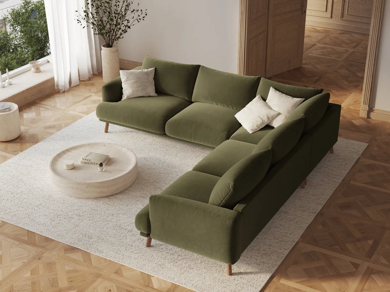 Naomi 5-Sitzer Ecksofa, Symmetrisch, aus Samt in Grün (Salvador 8), 280x280 cm von Micadoni – Bild 2