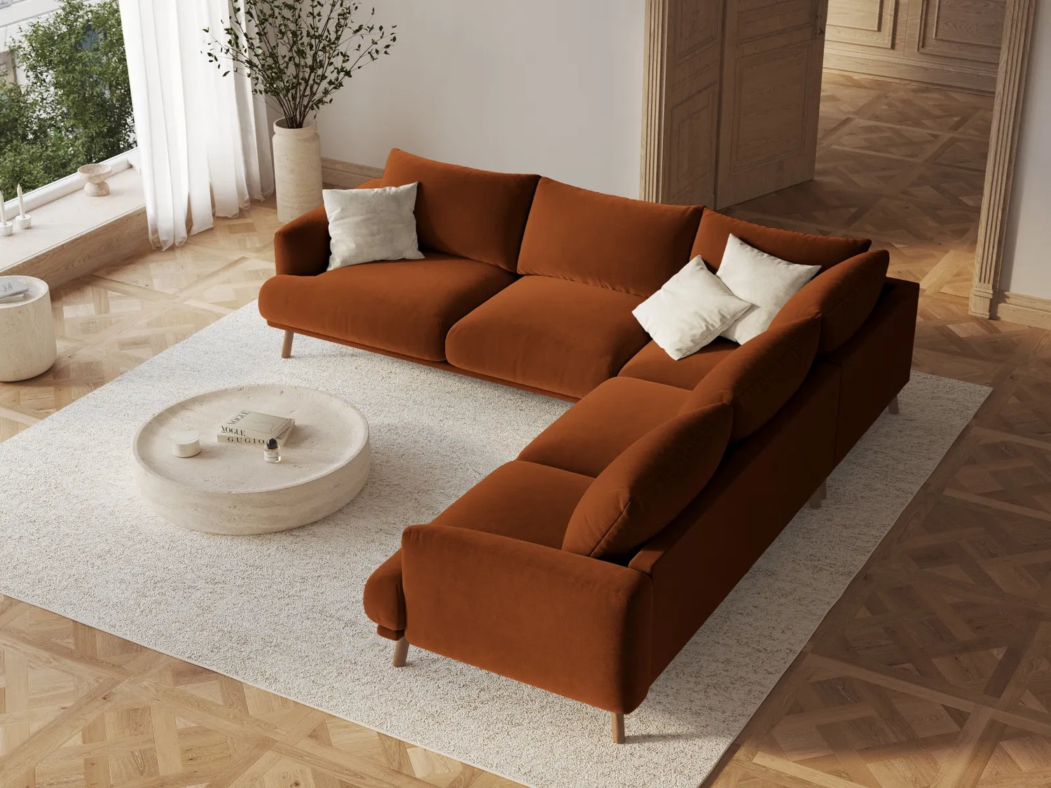 Naomi 5-Sitzer Ecksofa, Symmetrisch, aus Samt in Terrakotta (Salvador 14), 280x280 cm von Micadoni – Bild 2