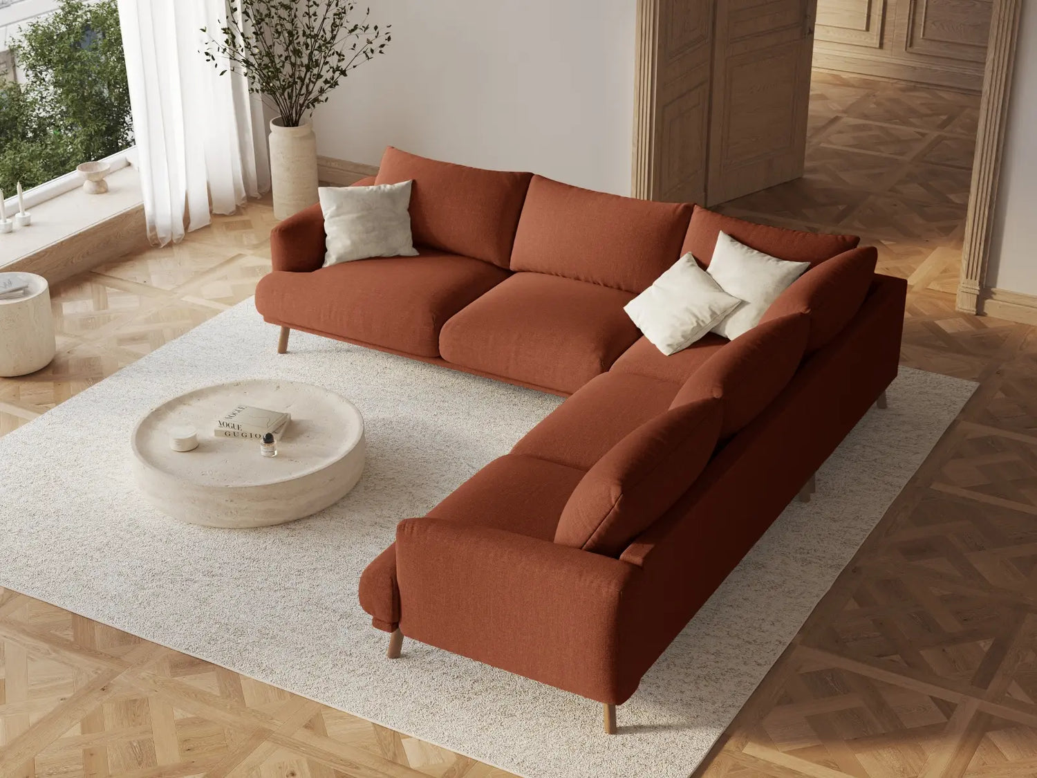 Naomi 5-Sitzer Ecksofa, Symmetrisch, aus Strukturierter Stoff in Brick (Liberty 9), 280x280 cm von Micadoni – Bild 2