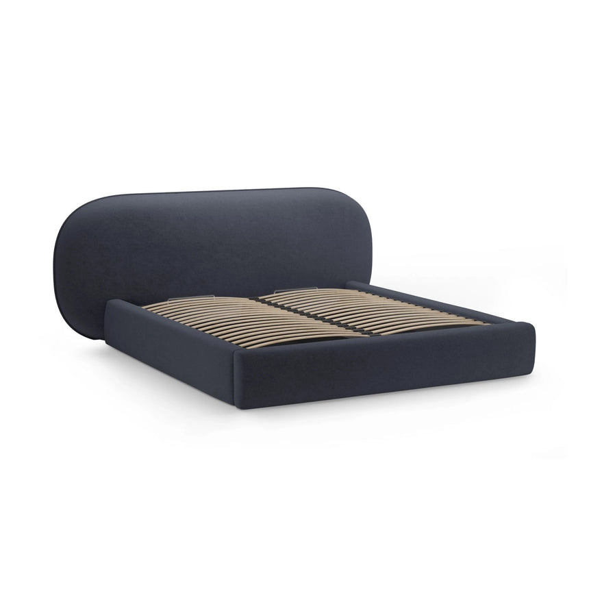 Ovalo Bett mit Kopfteil und Stauraum aus Chenille in Dunkelblau (Perfect Harmony 77), 180x200 cm von Micadoni – Bild 3