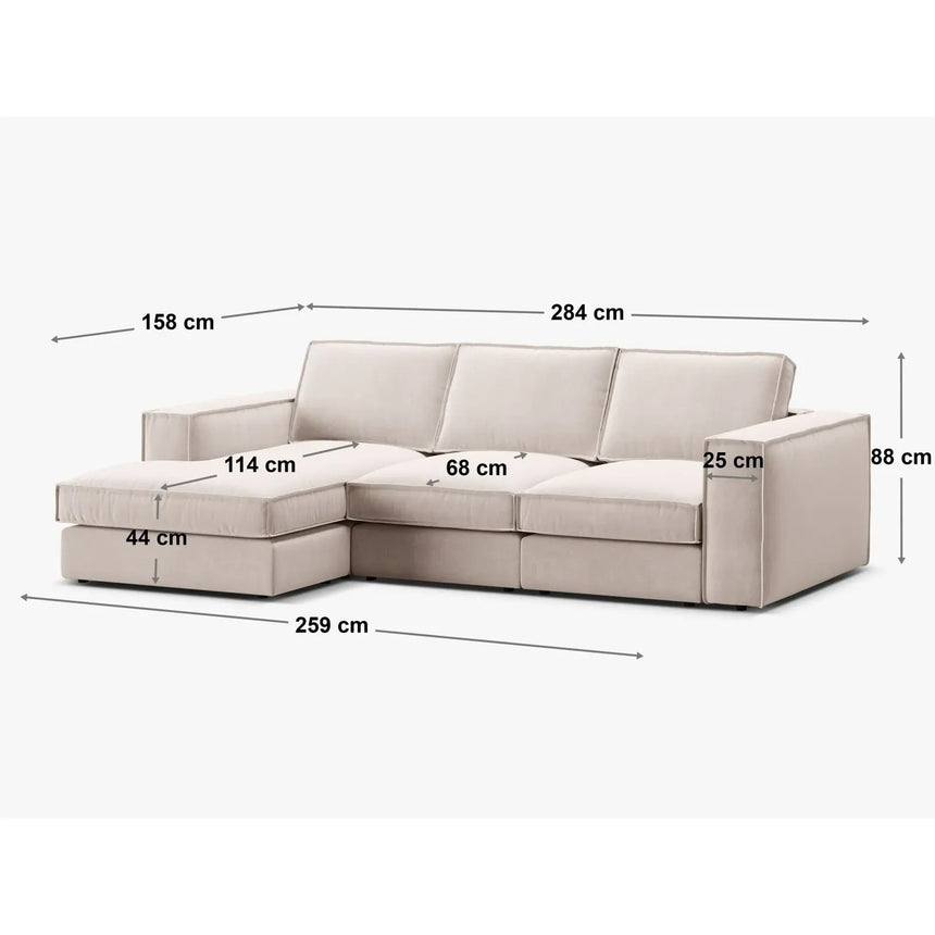 Pola 3-Sitzer Ecksofa, Linke Seite, aus Samt oder Strukturstoff, 284x158 cm - ZEN ZONE Furniture