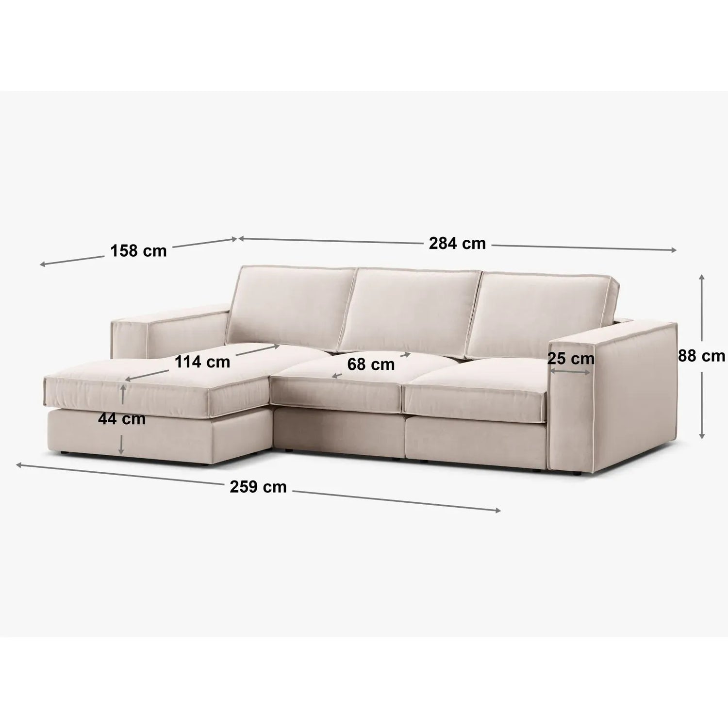 Pola 3-Sitzer Ecksofa, Rechte Seite, aus Samt oder Strukturstoff, 284x158 cm - ZEN ZONE Furniture