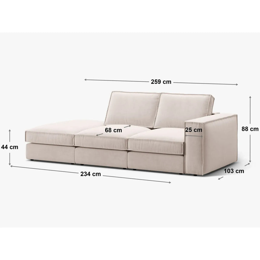 Pola 3-Sitzer Sofa, Linke Seite offen, aus Samt oder Strukturstoff, 259x103 cm - ZEN ZONE Furniture
