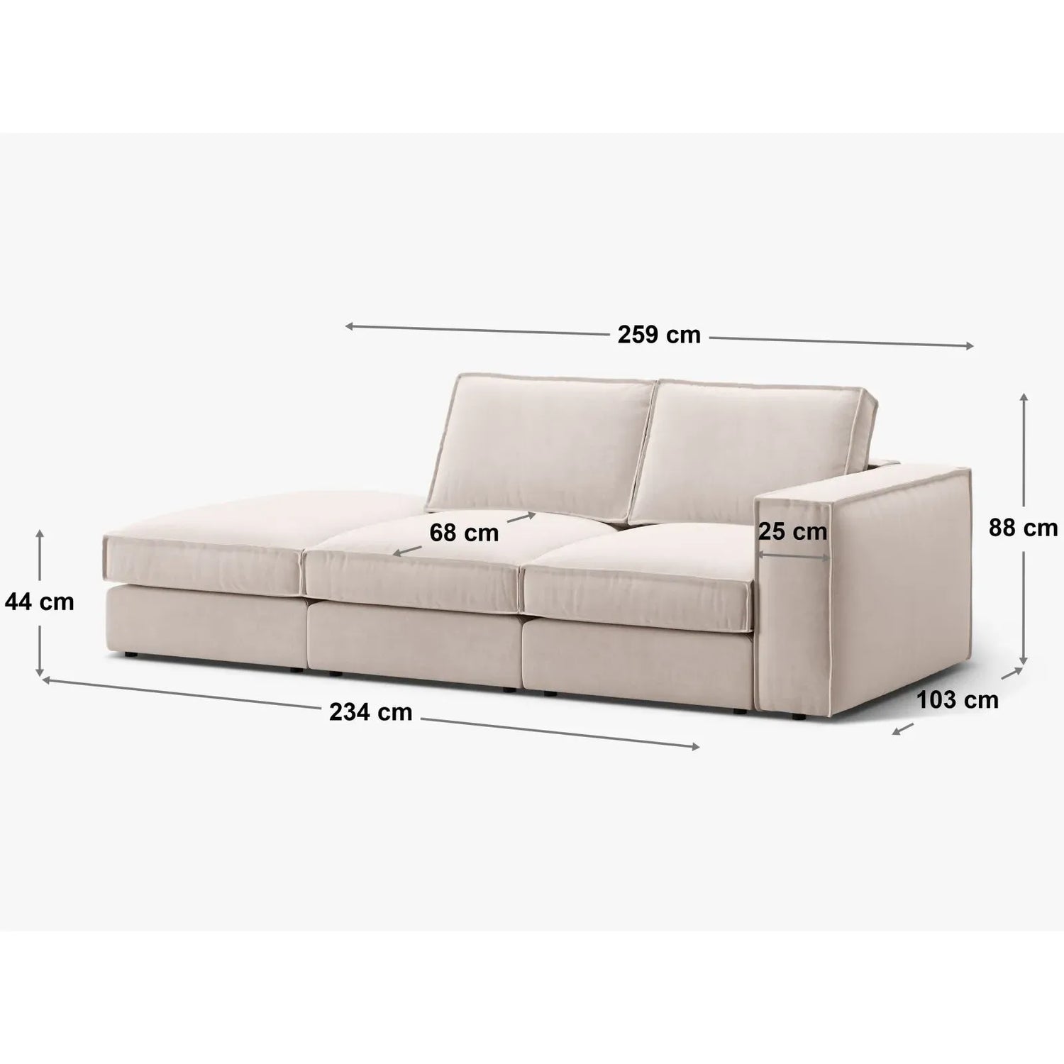 Pola 3-Sitzer Sofa, Rechte Seite offen, aus Samt oder Strukturstoff, 259x103 cm - ZEN ZONE Furniture