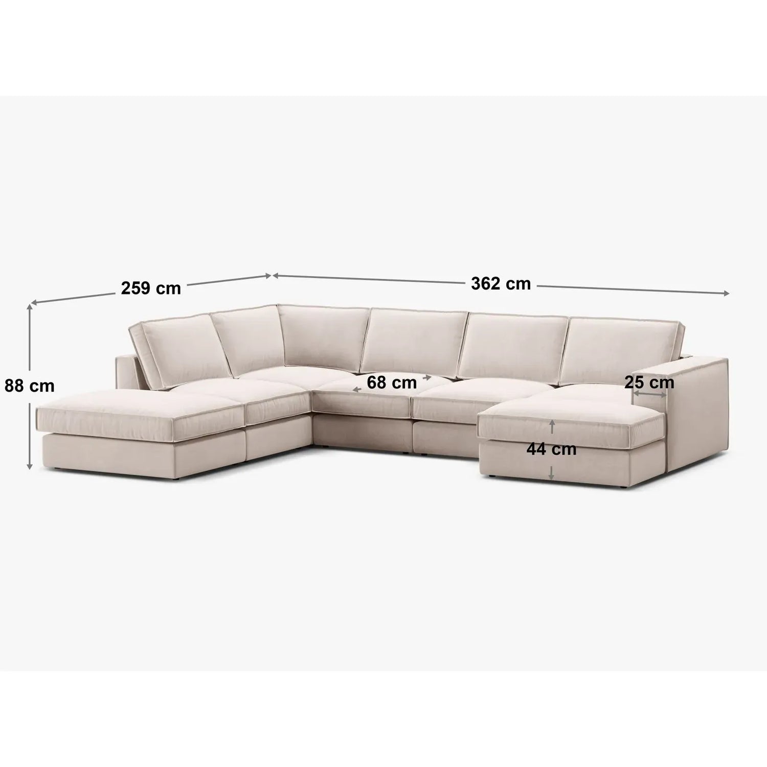 Pola 5-Sitzer Panorama Ecksofa, Linke Seite, aus Samt oder Strukturstoff, 362x259 cm - ZEN ZONE Furniture