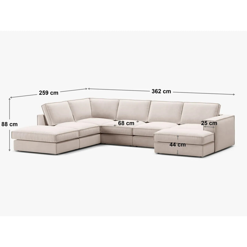 Pola 5-Sitzer Panorama Ecksofa, Rechte Seite, aus Samt in Beige (Salvador 1), 362x259 cm - ZEN ZONE Furniture