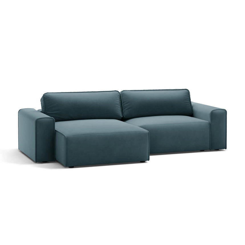 Victor 3-Sitzer Ecksofa, Linke Seite, ausziehbar mit Schlaffunktion und Bettkasten, aus Samt in Blue (Paris Dark Blue), 246x148 cm von Micadoni – Bild 4