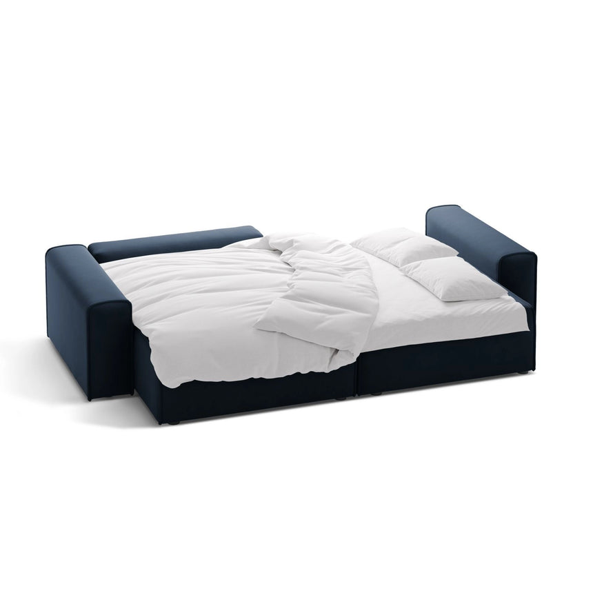 Victor 3-Sitzer Ecksofa, Linke Seite, ausziehbar mit Schlaffunktion und Bettkasten, aus Samt in Dunkelblau (Paris Deep Blue), 246x148 cm von Micadoni – Bild 5