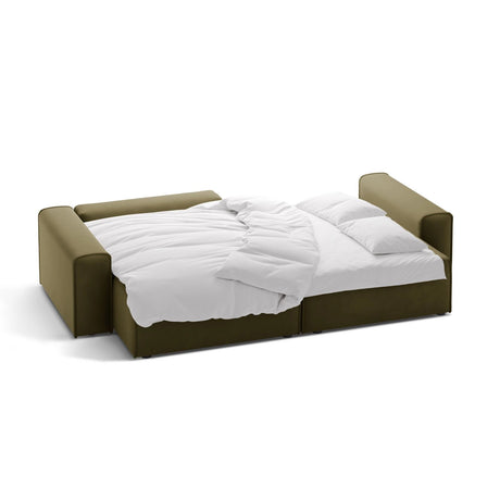 Victor 3-Sitzer Ecksofa, Linke Seite, ausziehbar mit Schlaffunktion und Bettkasten, aus Samt in Moosgrün meliert (Paris Forest), 246x148 cm von Micadoni – Bild 5