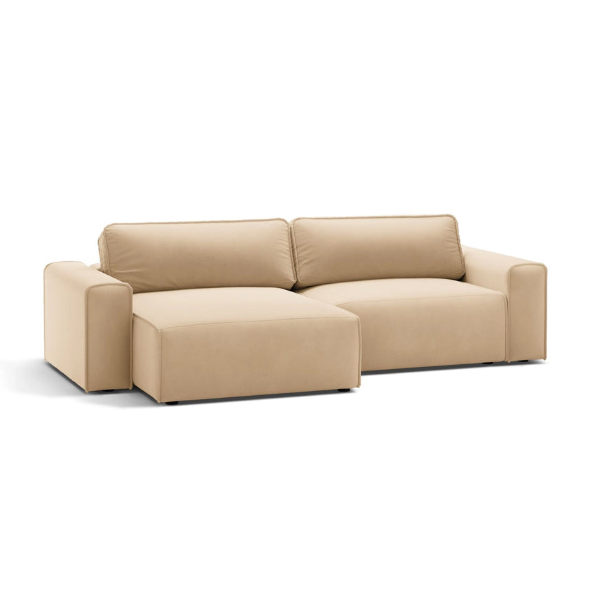 Victor 3-Sitzer Ecksofa, Linke Seite, ausziehbar mit Schlaffunktion und Bettkasten, aus Samt in Nude (Paris Beige), 246x148 cm von Micadoni – Bild 4