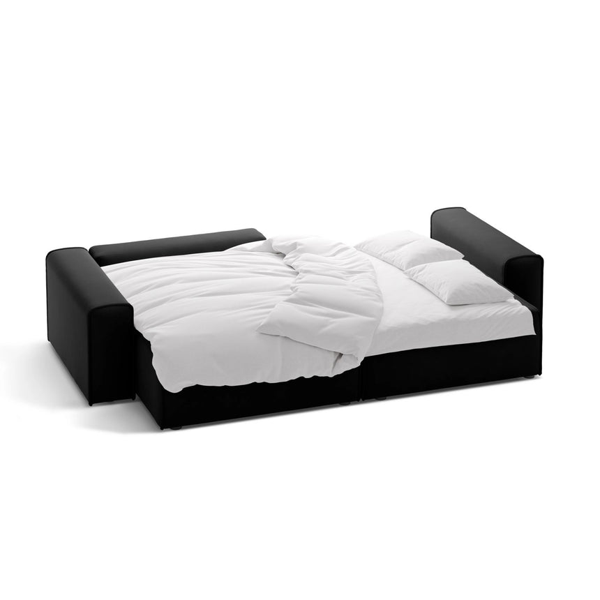 Victor 3-Sitzer Ecksofa, Linke Seite, ausziehbar mit Schlaffunktion und Bettkasten, aus Samt in Schwarz (Paris Black), 246x148 cm von Micadoni – Bild 5