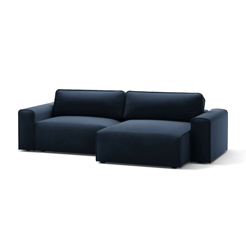 Victor 3-Sitzer Ecksofa, Rechte Seite, ausziehbar mit Schlaffunktion und Bettkasten, aus Samt in Dunkelblau (Paris Deep Blue), 246x148 cm von Micadoni – Bild 4