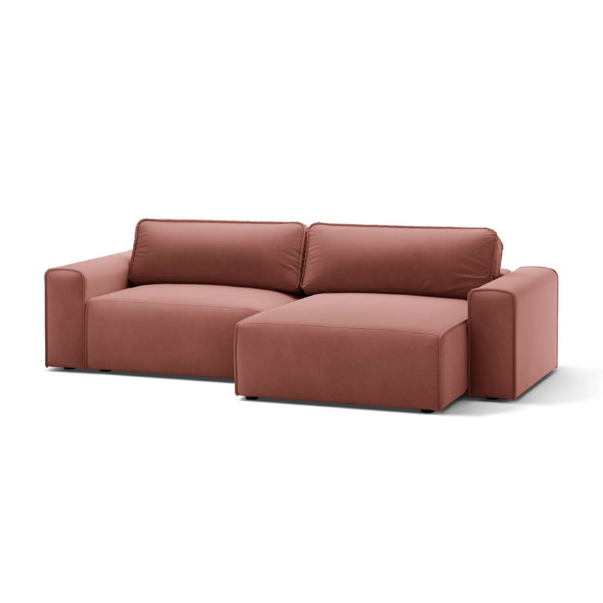 Victor 3-Sitzer Ecksofa, Rechte Seite, ausziehbar mit Schlaffunktion und Bettkasten, aus Samt in Rosa (Paris Salmon), 246x148 cm von Micadoni – Bild 4