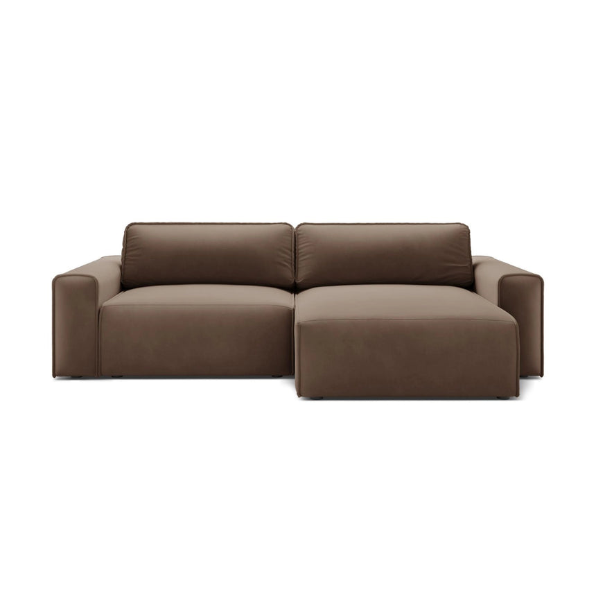 Victor 3-Sitzer Ecksofa, Rechte Seite, ausziehbar mit Schlaffunktion und Bettkasten, aus Samt in Schokolade (Paris Chocolate), 246x148 cm von Micadoni – Bild 1