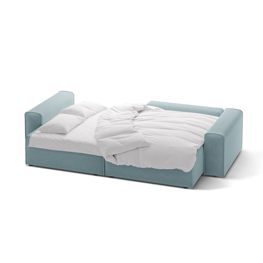 Victor 3-Sitzer Ecksofa, Rechte Seite, ausziehbar mit Schlaffunktion und Bettkasten, aus Strukturierter Stoff in Hellblau (Moly 74), 246x148 cm von Micadoni – Bild 5