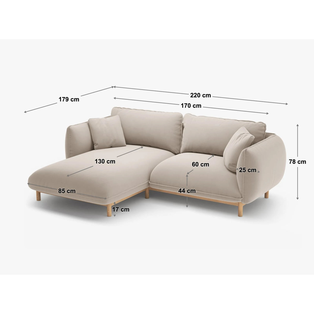 Ada Ecksofa Rechts aus Samt (Casino Taupe) in Hellbraun, 220x179 cm – Bild 2