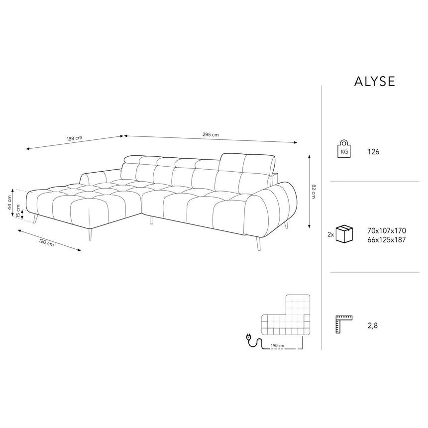 Alyse 5-Sitzer Ecksofa Links, elektrisch verstellbar, mit Bezug aus Samt (Bluvel 14) in Grau, 295x188 cm – Bild 3
