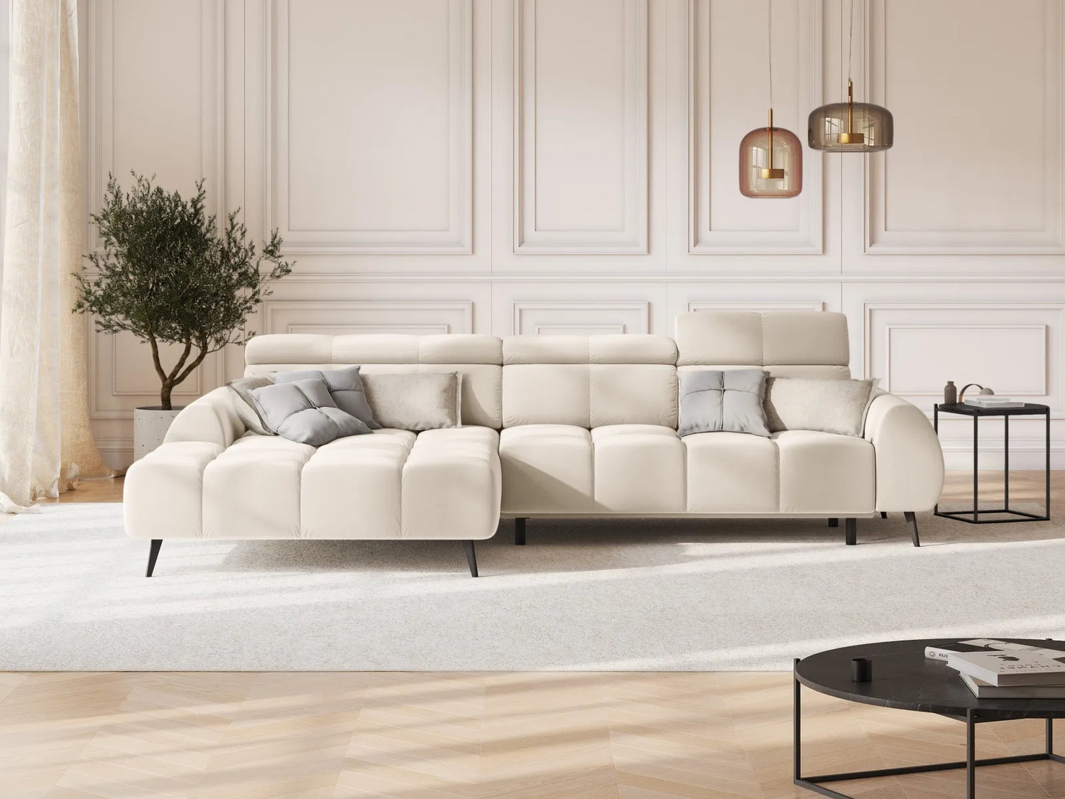 Alyse 5-Sitzer Ecksofa Links, elektrisch verstellbar, mit Bezug aus Samt oder Strukturstoff, 295x188 cm – Bild 2