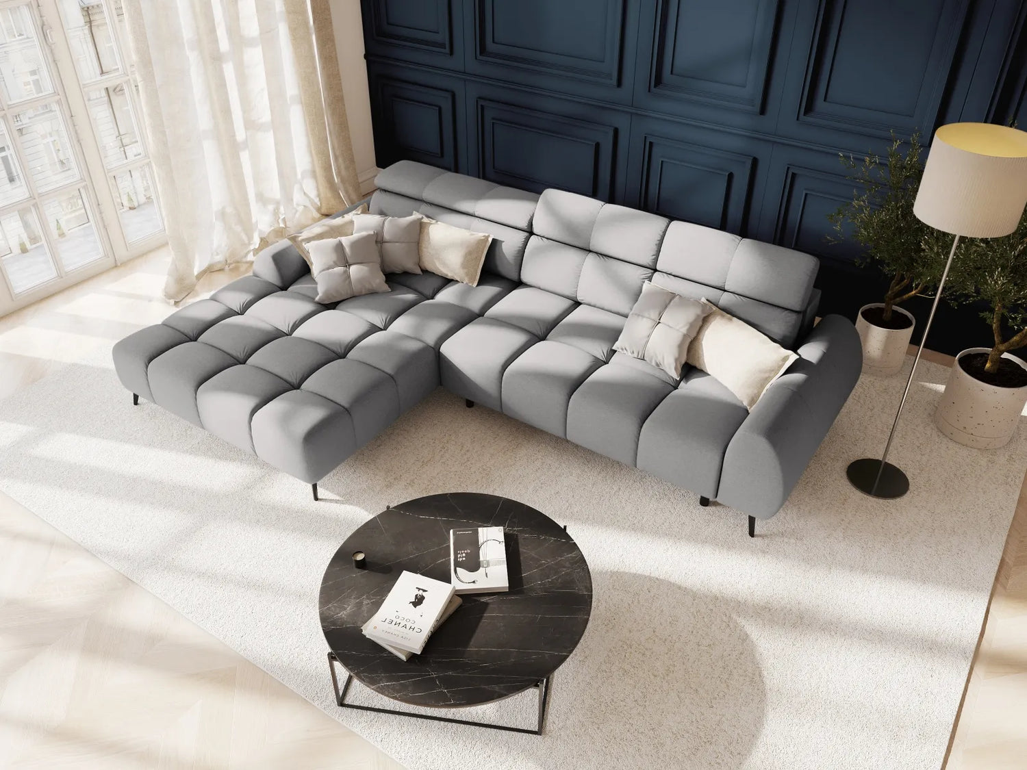 Alyse 5-Sitzer Ecksofa Links, elektrisch verstellbar, mit Bezug aus Strukturierter Stoff (Nea 07) in Hellgrau, 295x188 cm – Bild 2