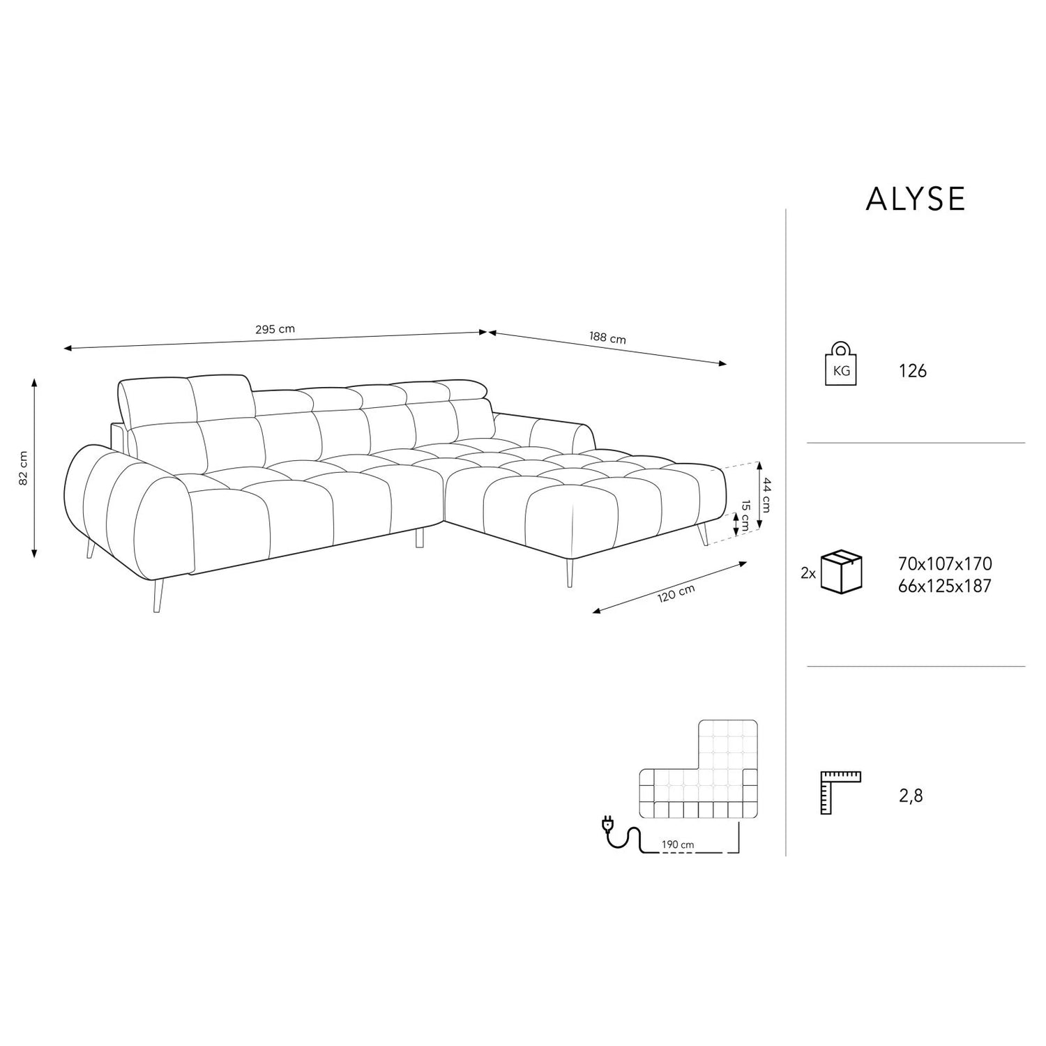 Alyse 5-Sitzer Ecksofa Rechts, elektrisch verstellbar, mit Bezug aus Samt oder Strukturstoff, 295x188 cm – Bild 3