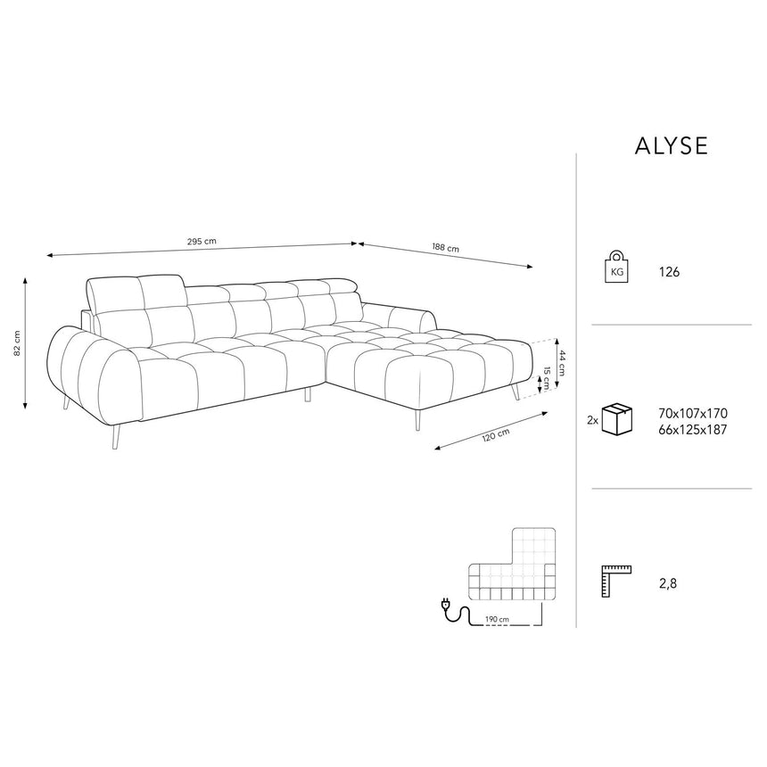 Alyse 5-Sitzer Ecksofa Rechts, elektrisch verstellbar, mit Bezug aus Samt oder Strukturstoff, 295x188 cm – Bild 3