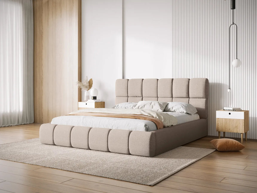 Bellis Bett mit Kopfteil und Stauraum Bezug aus Chenille (Haga30) in Beige, 200x200 cm – Bild 1