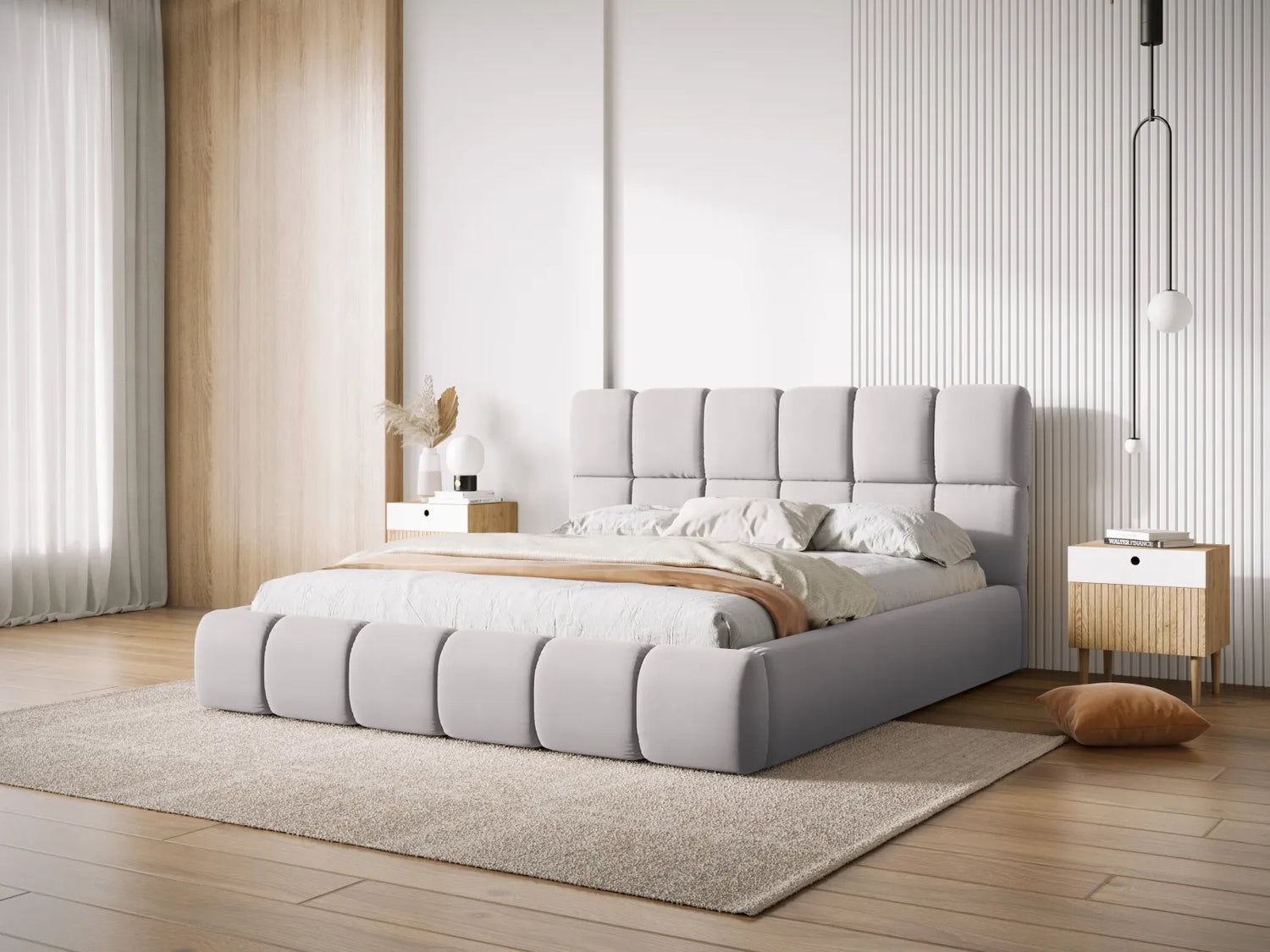 Bellis Bett mit Kopfteil und Stauraum Bezug aus Samt (Blu03) in Silber, 200x200 cm – Bild 2
