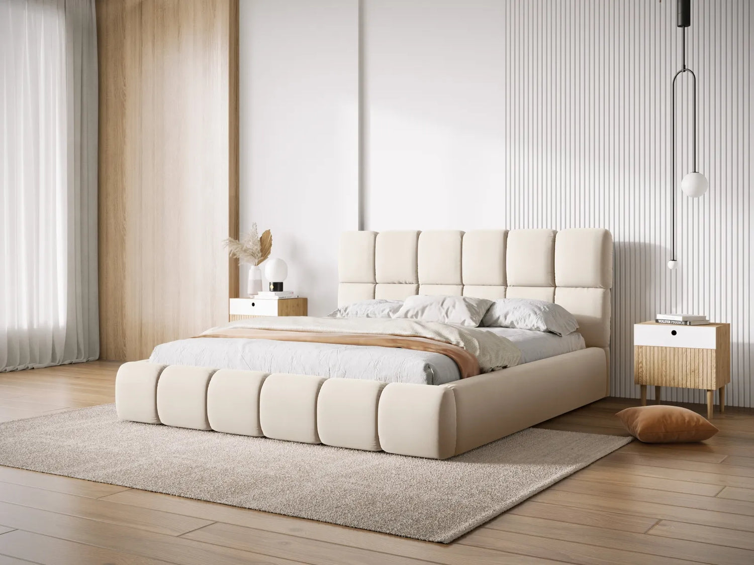 Bellis Bett mit Kopfteil und Stauraum Bezug aus Samt (Blu22) in Leichtes Beige, 180x200 cm – Bild 7