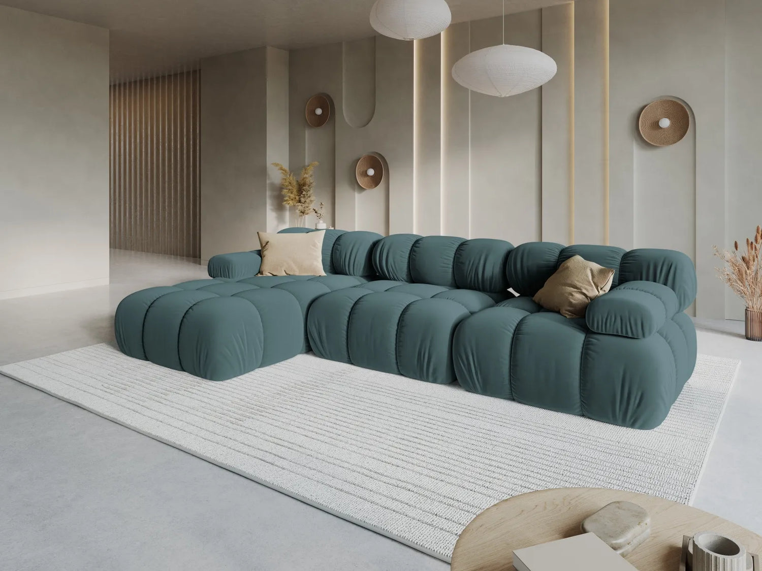Bellis Modulares 4-Sitzer Sofa Chaise Longue Rechts mit Samt-Stoff (Blu85) in Türkis, 282 cm – Bild 2