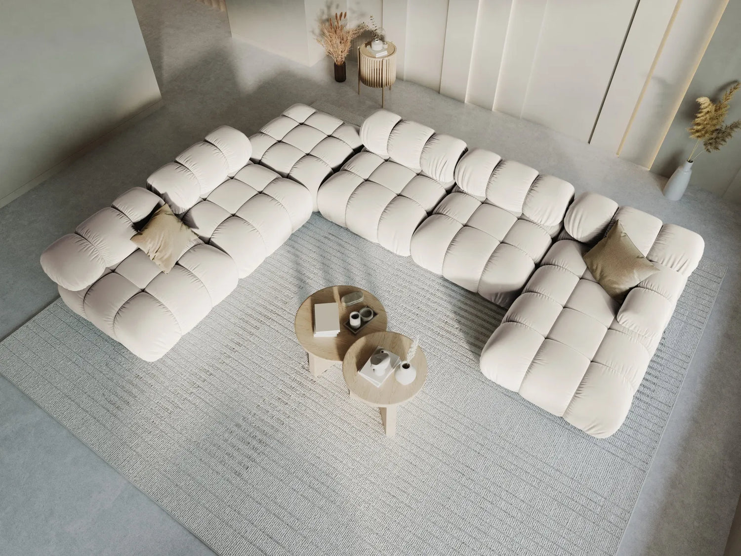 Bellis Modulares Sofa 6 Module Chaise Longue Links mit Samt-Stoff (Blu30) in Dunkelbeige, 376x282 cm – Bild 1