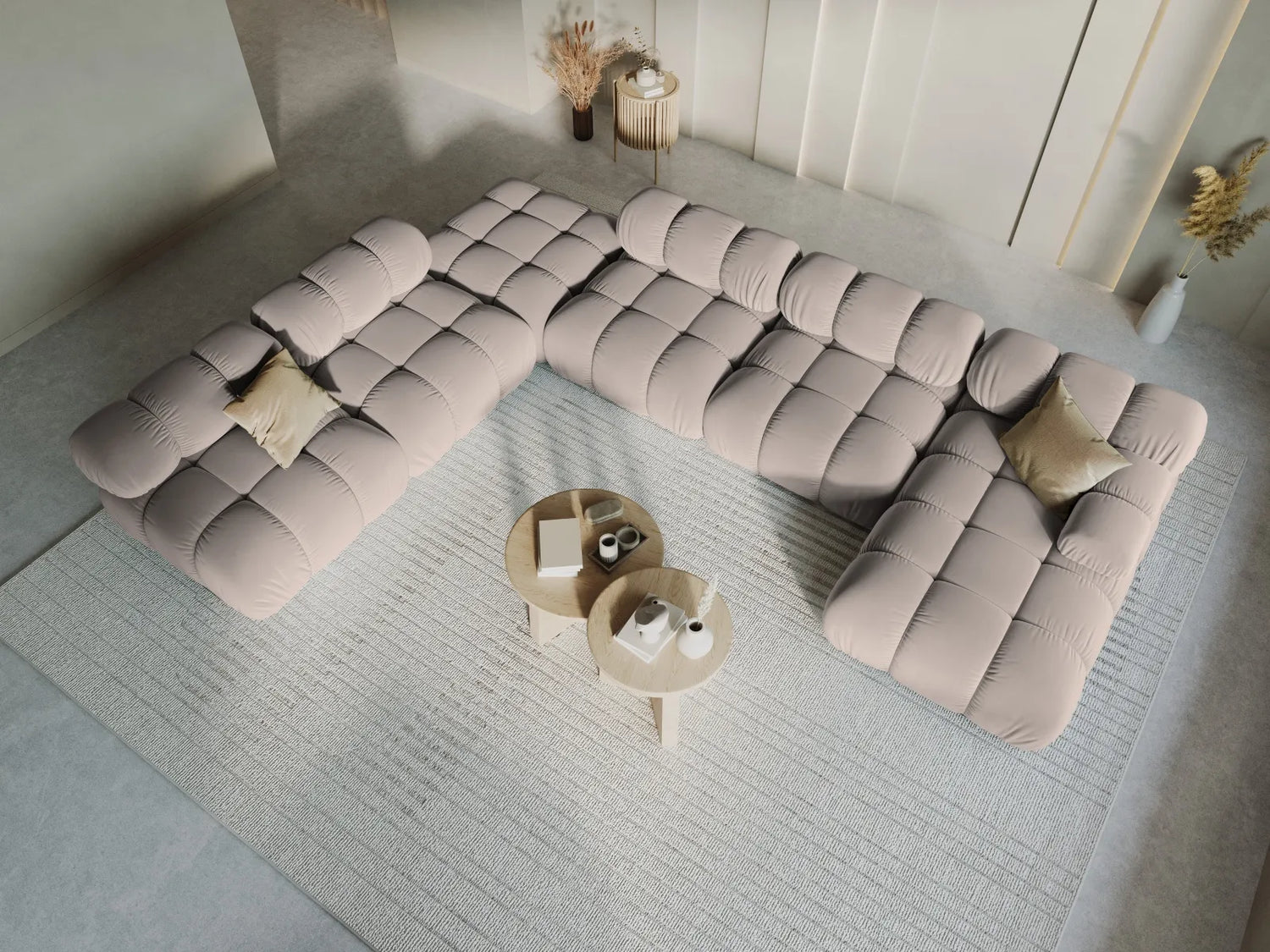 Bellis Modulares Sofa 6 Module Chaise Longue Links mit Samt-Stoff (Blu40) in Cappuccino, 376x282 cm – Bild 9