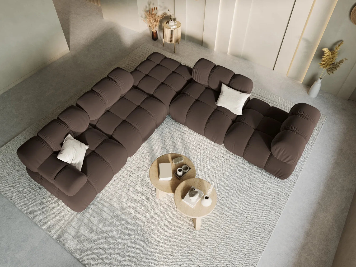 Bellis Modulares Sofa 6 Module Chaise Longue Links mit Samt-Stoff (Blu48) in Dunkelbraun, 376x282 cm – Bild 8