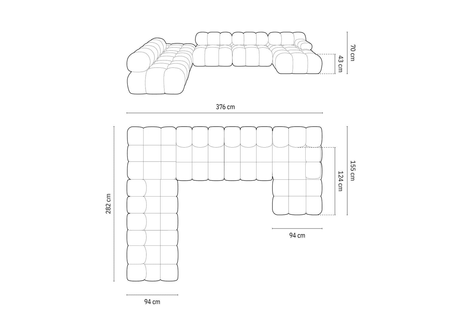Bellis Modulares Sofa 6 Module Chaise Longue Links mit Samtbezug oder 3D-Stoff, 376x282 cm – Bild 2