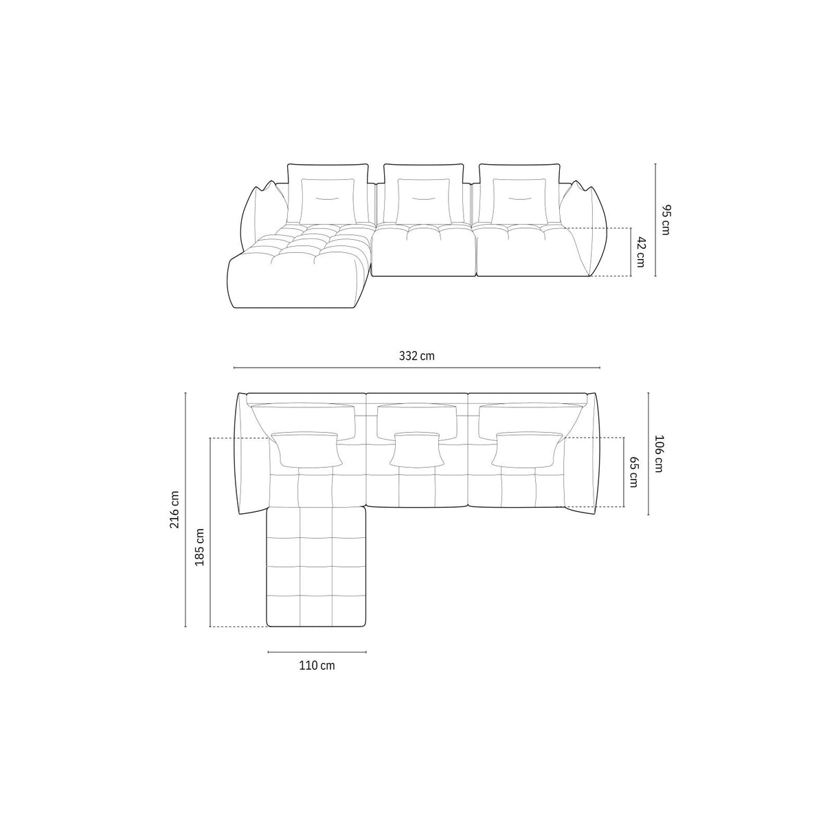 Bloom modulares 4-Sitzer Sofa mit Poufmodul, mit Bezug aus Samt (Casino Graphite) in Dunkelgrau, 332x216 cm – Bild 2