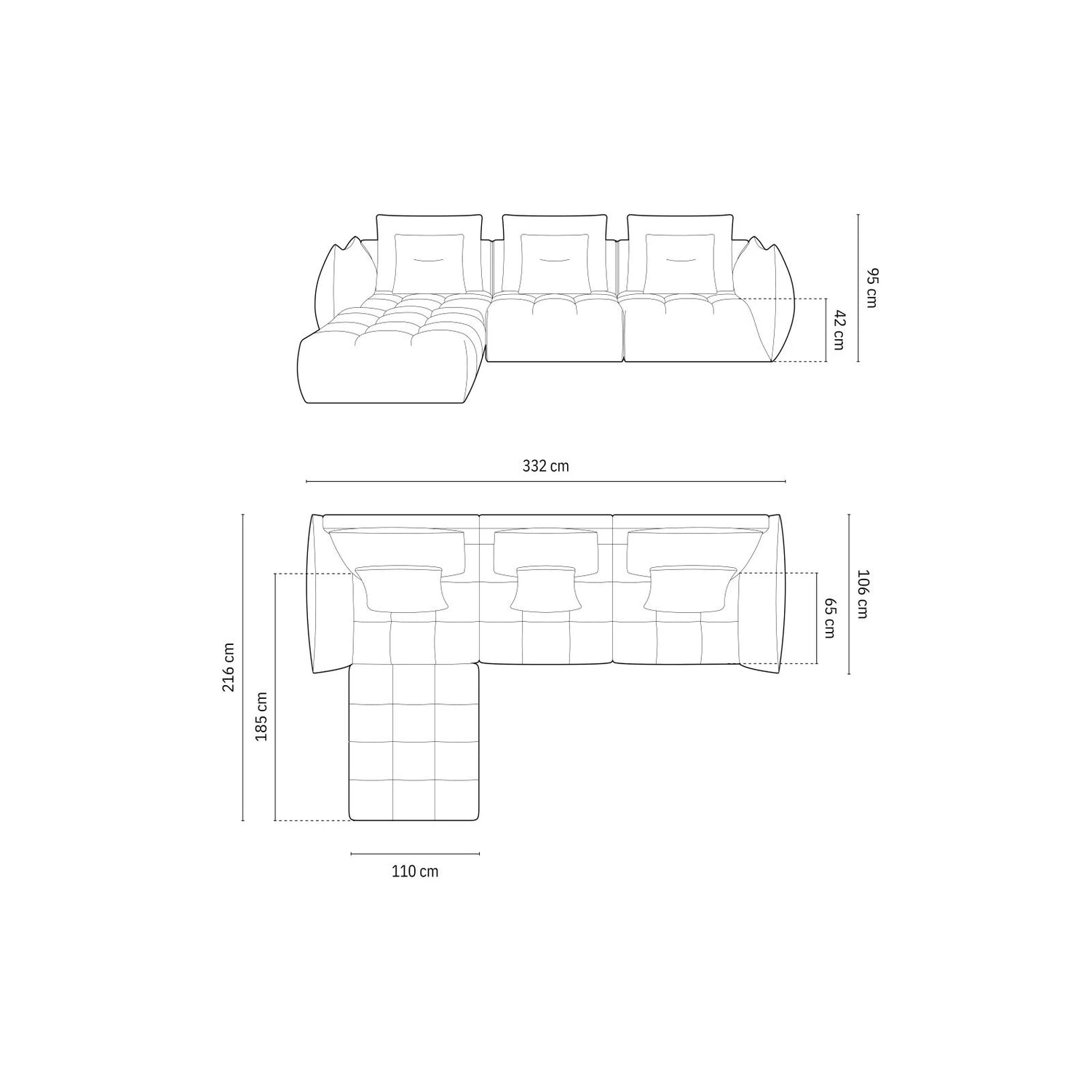 Bloom modulares 4-Sitzer Sofa mit Poufmodul, mit Bezug aus Samt (Casino Stone) in Grau, 332x216 cm – Bild 2