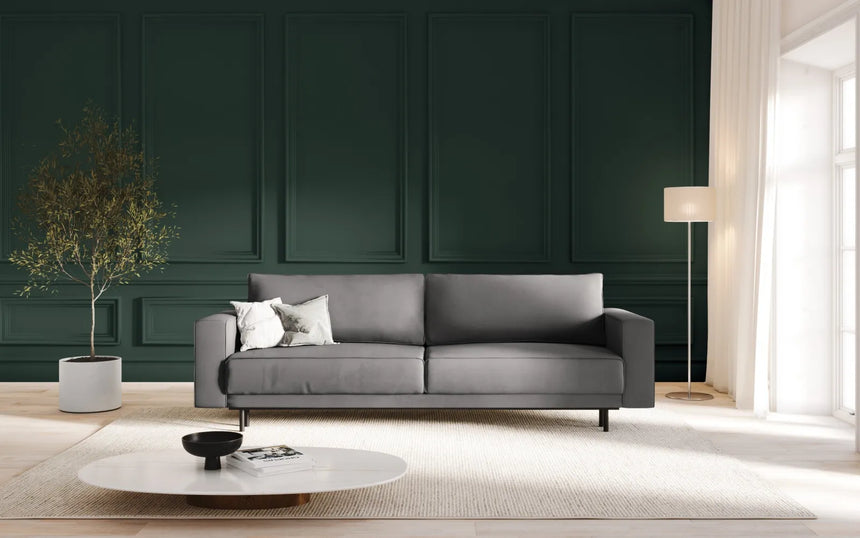 Caro 3-Sitzer Sofa mit Schlaffunktion, in Samt (Blu13) in Hellgrau, 236x97 cm – Bild 2