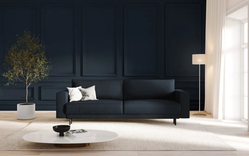 Caro 3-Sitzer Sofa mit Schlaffunktion, in Samt (Blu89) in Dunkelblau, 236x97 cm – Bild 2