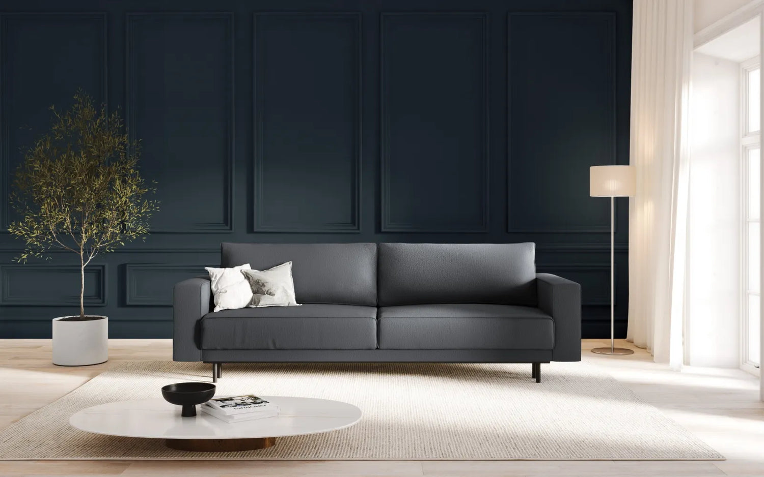 Caro 3-Sitzer Sofa mit Schlaffunktion, in Strukturierter Stoff (Meg367) in Dunkelgrau, 236x97 cm – Bild 2