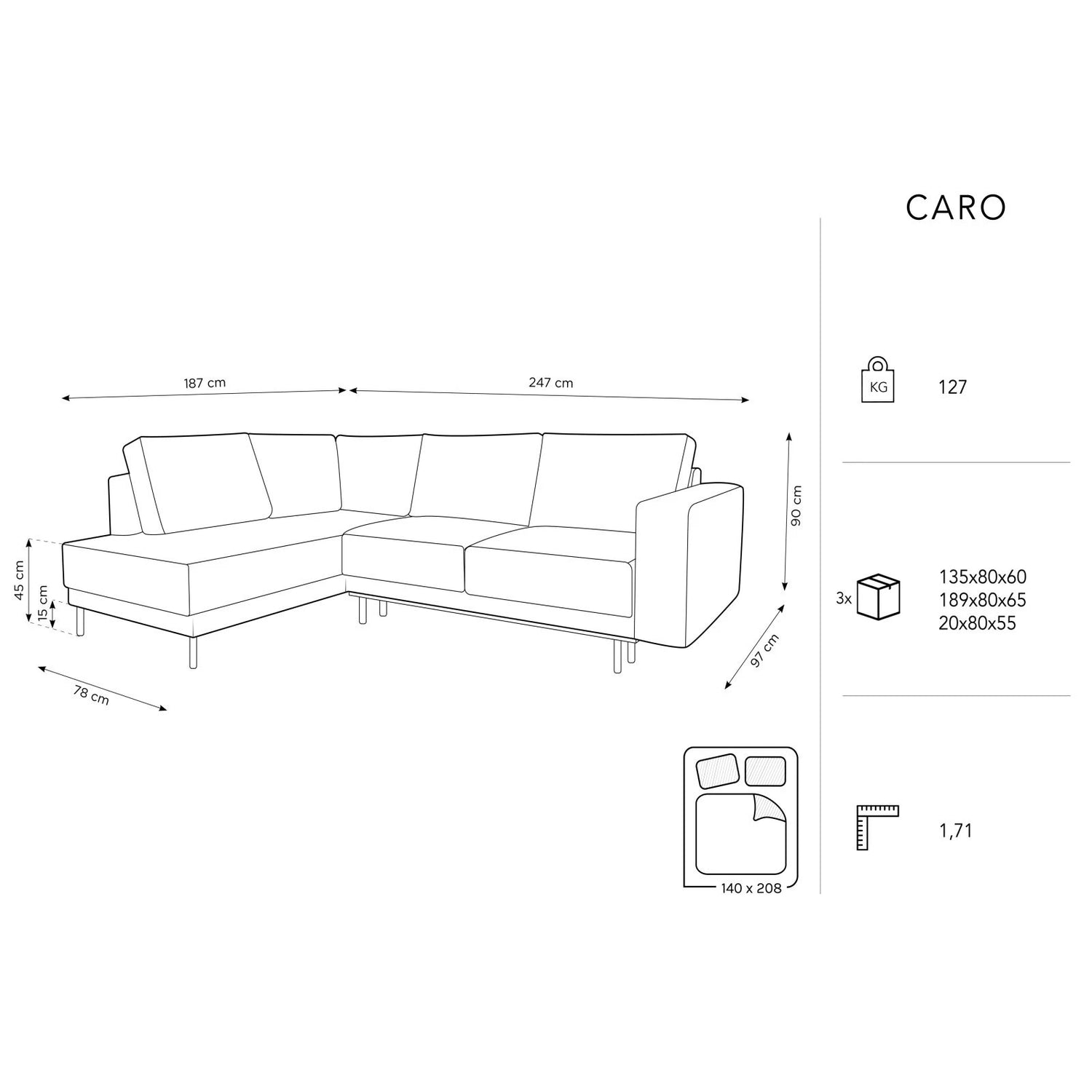 Caro 5-Sitzer Ecksofa Linke Seite, mit Schlaffunktion, in Samt oder Strukturstoff, 247x187 cm – Bild 3