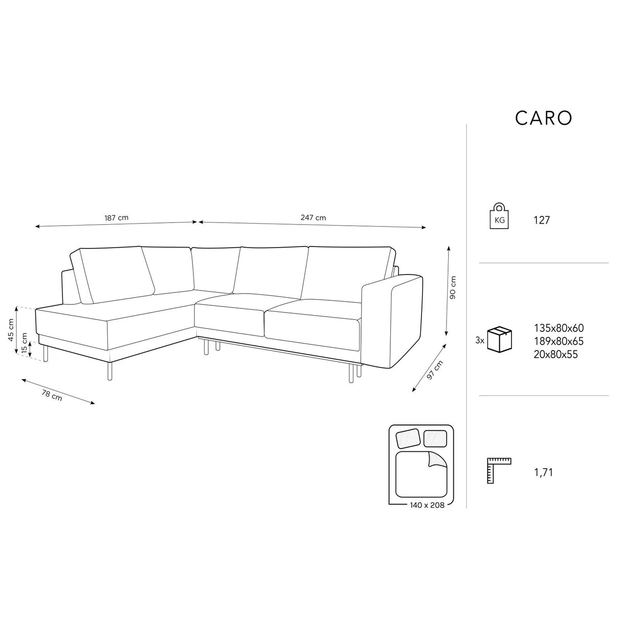 Caro 5-Sitzer Ecksofa Linke Seite, mit Schlaffunktion, in Strukturierter Stoff (Meg359) in Grün, 247x187 cm – Bild 3
