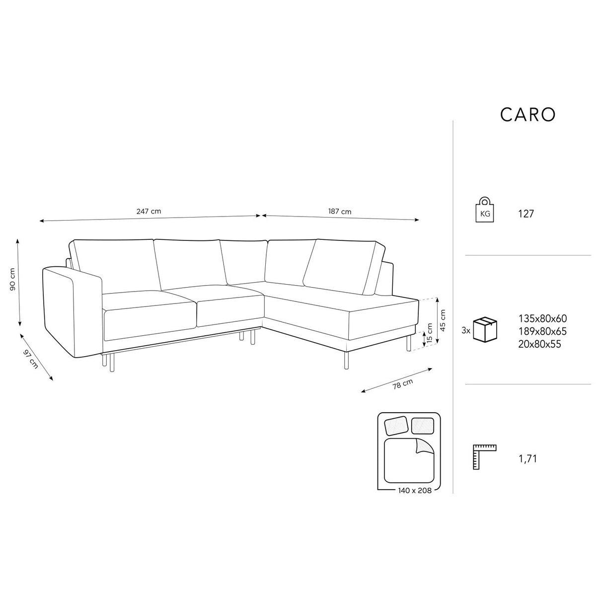 Caro 5-Sitzer Ecksofa Rechte Seite, mit Schlaffunktion, in Samt (Blu89) in Dunkelblau, 247x187 cm – Bild 3