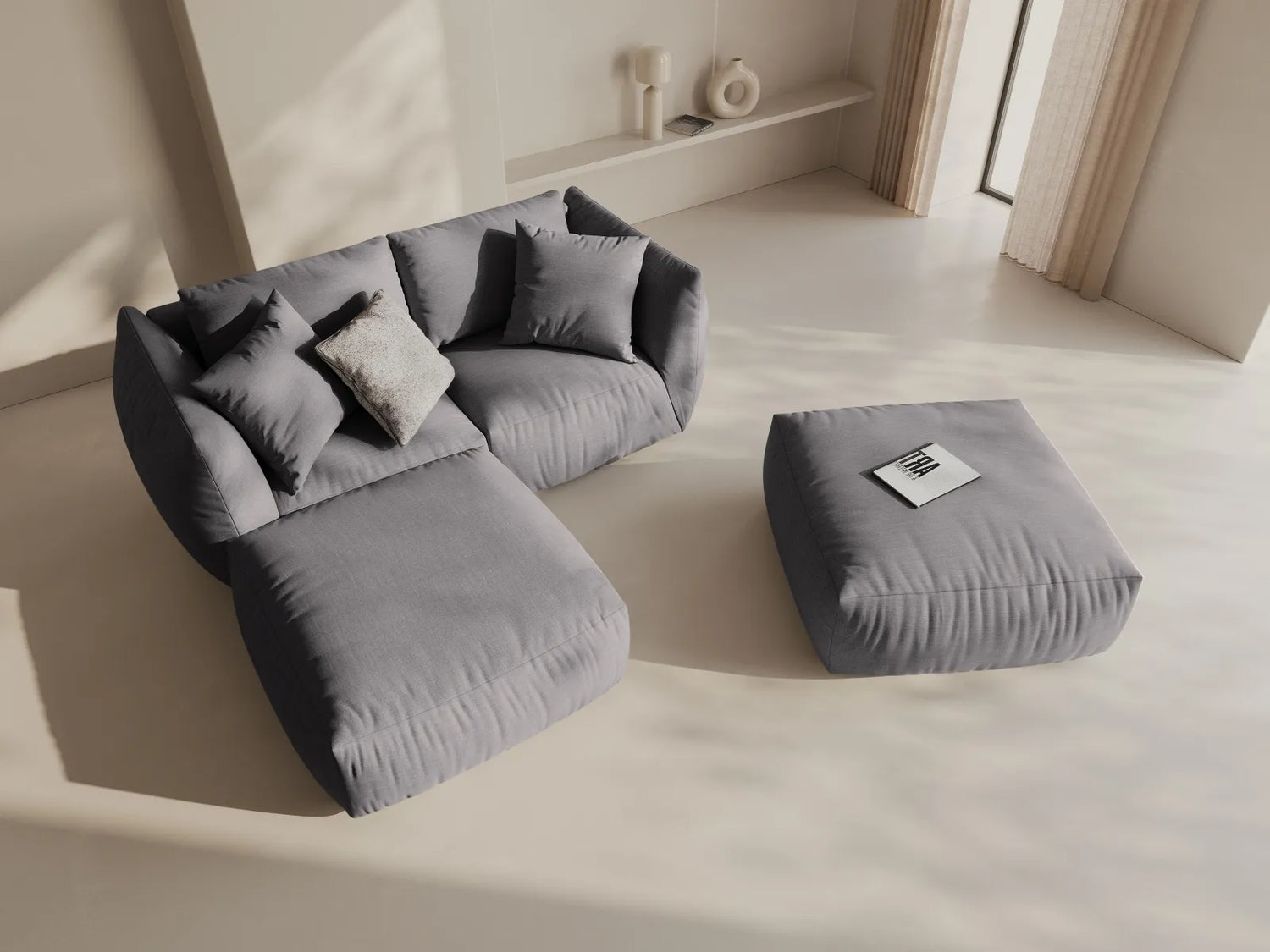 Chris 3-Sitzer Ecksofa mit Poufmodul in Leinenoptik aus Strukturierter Stoff (LIN32) in Sand, 220x200 cm – Bild 2