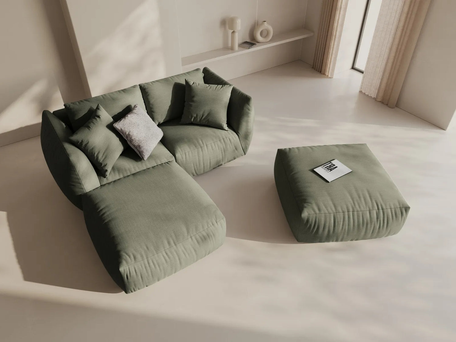 Chris 3-Sitzer Ecksofa mit Poufmodul in Leinenoptik aus Strukturierter Stoff (LIN81) in Muted Blue, 220x200 cm – Bild 2