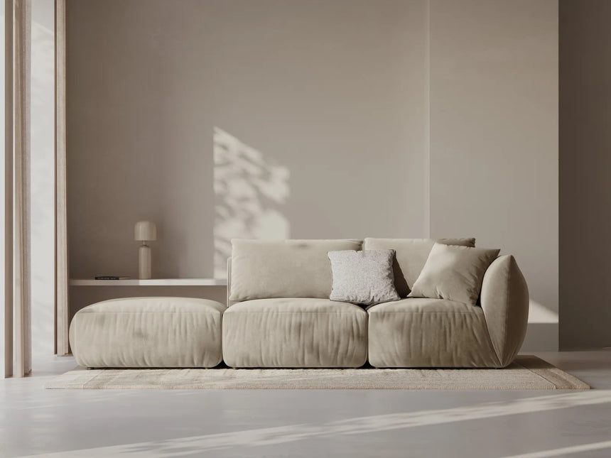 Chris 3-Sitzer Sofa, Links, mit Poufmodul, in Leinenoptik aus Samt oder Strukturstoff, 315x100 cm – Bild 2