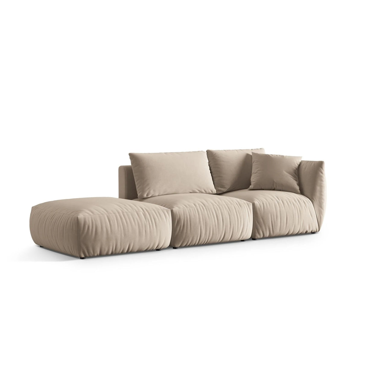 Chris 3-Sitzer Sofa, Links, mit Poufmodul, in Leinenoptik aus Samt oder Strukturstoff, 315x100 cm – Bild 4