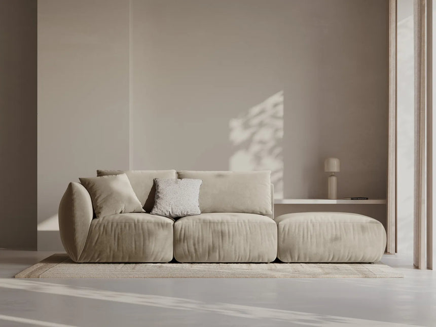 Chris 3-Sitzer Sofa, Rechts, mit Poufmodul, in Leinenoptik aus Samt oder Strukturstoff, 315x100 cm – Bild 2