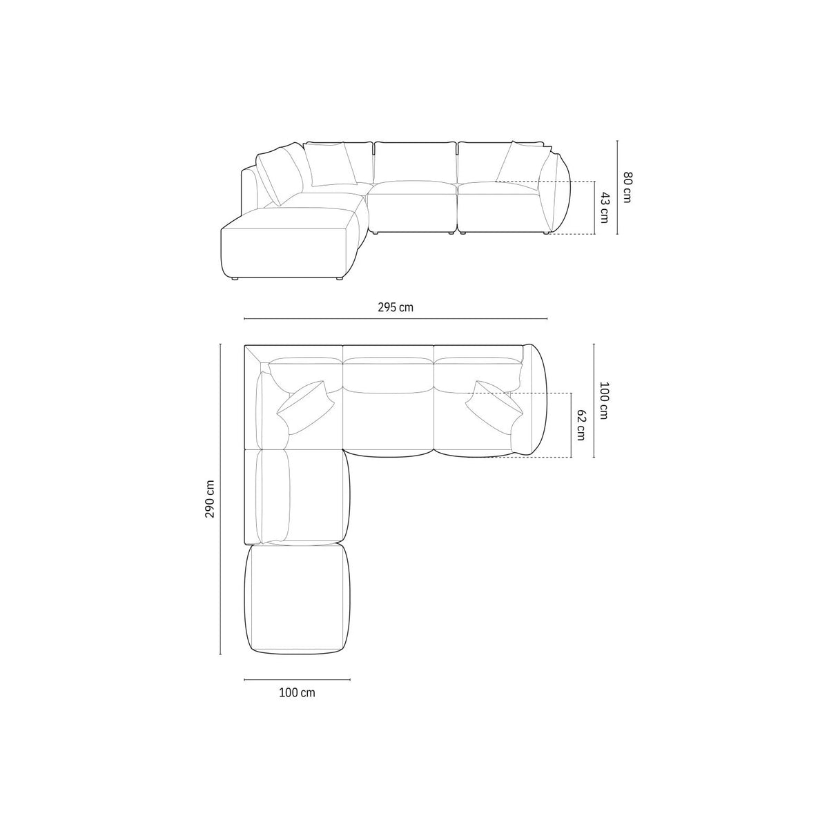 Chris 6-Sitzer Ecksofa offen, Links, in Leinenoptik aus Samt (CasSto) in Grau, 295x290 cm – Bild 2