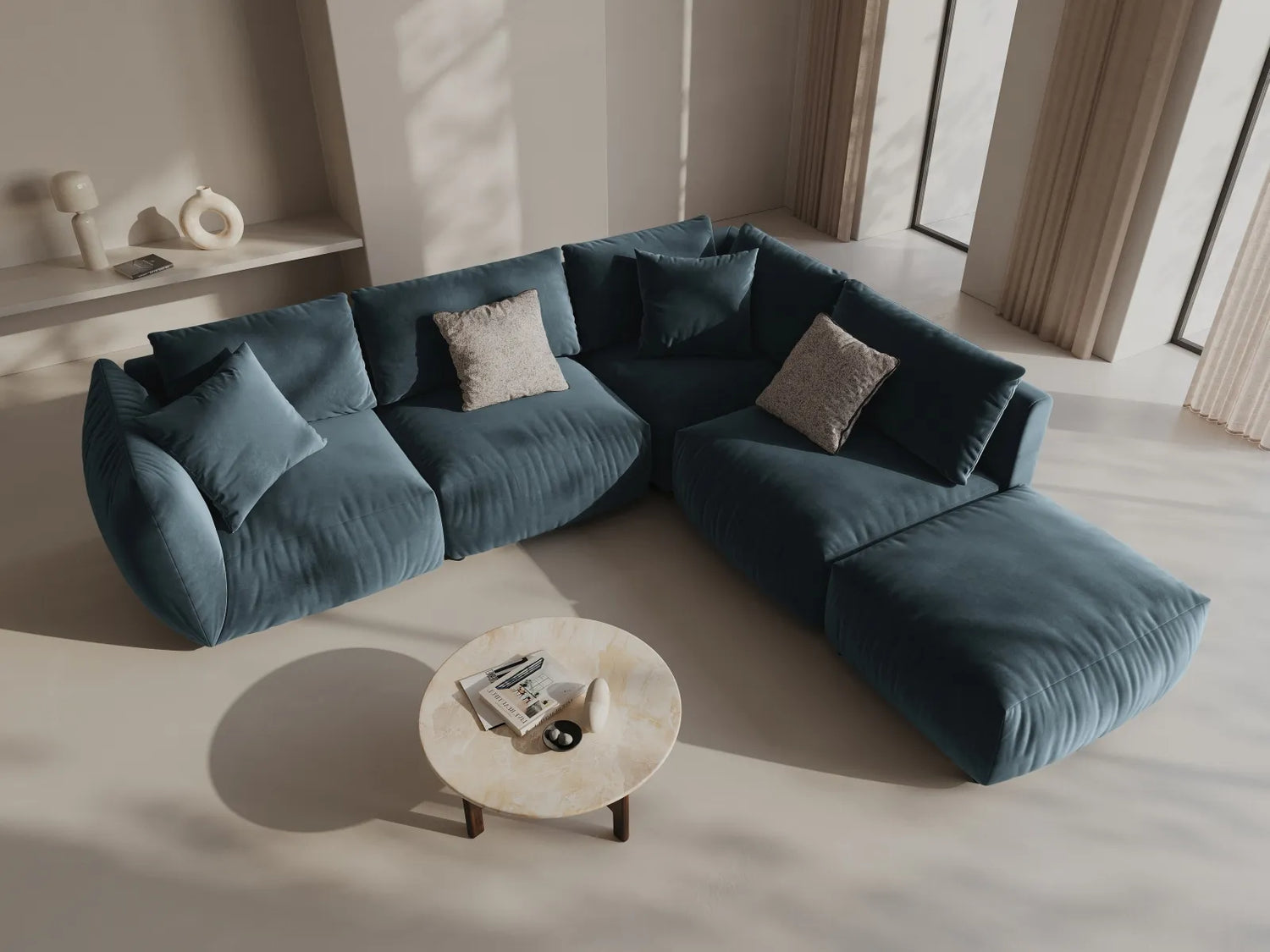 Chris 6-Sitzer Ecksofa offen, Rechts, in Leinenoptik aus Samt (CasDaBl) in Pastel Blue, 295x290 cm – Bild 2