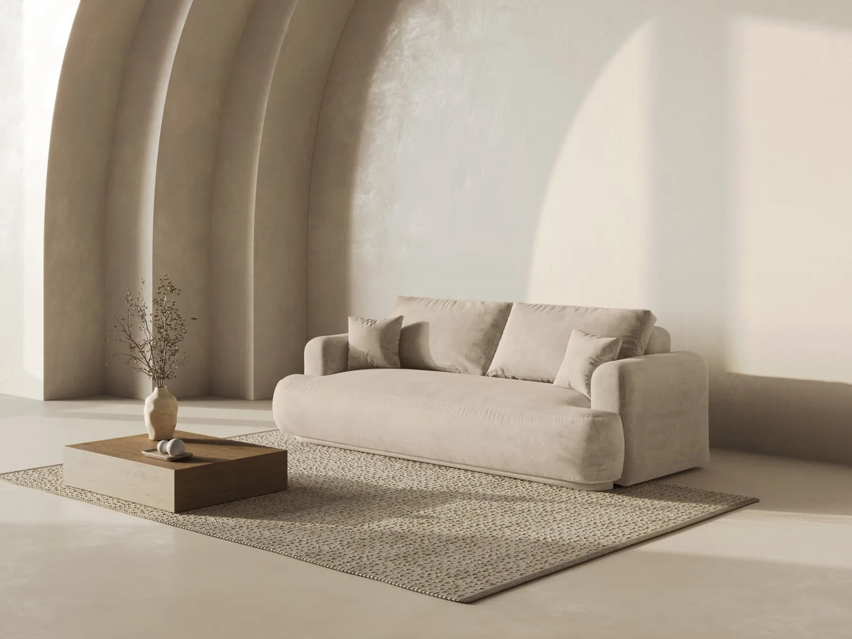 Ella 3-Sitzer Sofa mit Schlaffunktion und Bettkasten Bezug aus Samt, Strukturstoff oder Boucle, 253x108 cm – Bild 1